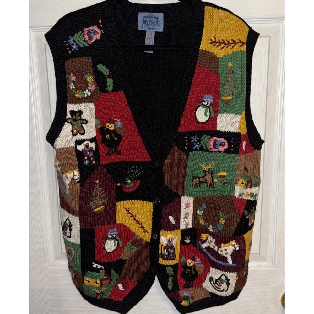 Vtg Cambridge Dry Goods L Country Store Holiday Sweater Vest Christmas Patchwork